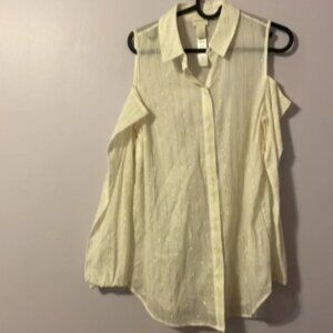 Chico’s Cream with Metallic Gold Stripe Cold Shoulder Long Sleeve Button Blouse